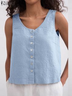 ZANZEA Summer Elegant Sleeveless Blouse Fashion Women OL Work Tanks Tops Holiday Party Shirt Casual Sleeveless Buttoned Tank Top For Beach, Sleeveless Summer Tops With Buttons, Summer Denim Vest With Buttons, Sleeveless Blue Blouse With Buttons, Blue Sleeveless Buttoned Blouse, Spring Sleeveless Button Blouse, Buttoned Sleeveless Blouse Tank Top For Summer, Buttoned Sleeveless Tank Top For Summer, Summer Tank Tops With Buttons