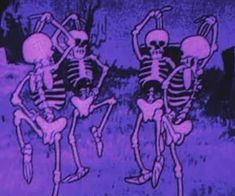 three skeletons dancing in the grass with trees in the backgrounnd and purple background