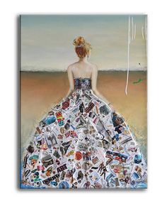 a painting of a woman in a dress with many stickers on it