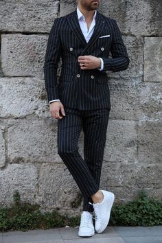 Double-breasted Groom Tuxedo, Black Tailored Double Breasted Suit, Fitted Pinstripe Sets, Black Coat Pant, Gentleman Mode, Stylish Mens Suits, Blazer Outfits Men, Suit Outfit, Classy Suits