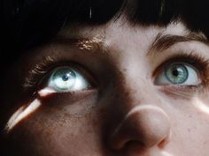 a woman's face with blue eyes and freckles on her nose, close up