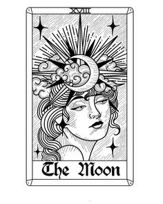 the moon tarot card in black and white