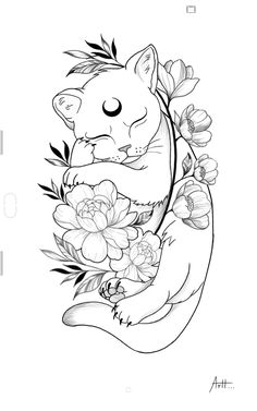 a black and white drawing of a cat with flowers