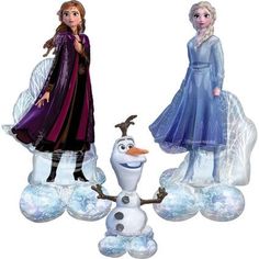 two frozen princesses standing next to each other on an inflatable snowman