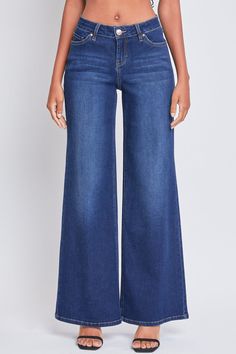 These Women’s Low Rise Wide Leg Jeans will have you feeling too hot to handle! This jean is made with midweight stretchy denim and a low-waisted rise for your ultimate comfort, while the wide leg shape creates a flattering silhouette that elongates your legs. Constructed with a classic five-pocket construction and a front zip fly with single button closure. Style with a fitted crop and tennis shoes for a trendy street look, or swap your sneakers for heels to sass things up! Product Details: - Hi Mid-rise Medium Wash Flare Jeans, Stretch Denim Cropped Flare Jeans, Mid-rise Dark Wash Wide Leg Pants For Fall, Medium Wash Stretch Flare Jeans With Cropped Leg, Dark Wash Stretch Wide Leg Cropped Jeans, Stretch Medium Wash Cropped Leg Flare Jeans, Stretch Cropped Leg Denim Flare Jeans, Stretch Cropped Leg Flare Jeans, Dark Wash Full Length Bottoms