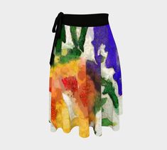 "Soft Drape Wrap Skirt in silky Matte Crepe or Soft Jersey fabric. One size fits as a circle wrap around skirt with black, gray or cream waist tie.  This design is called \"Cactus Flower Rainbow\" with intricate details and bright vibrant colors as Abstract Art by Claire Bull.  Fun as a summer beach cover up, or for lounge wear, ballet dance skirt or for ice skating and great over leggings for Yoga or outings! Even wear it as a shoulder wrap. Very delicate and fun for women of all ages and sizes up to 1X and 2X size. Less wraps around with larger waist size, more wraps around with smaller waist size. Choose from medium weight soft Peachskin Jersey fabric 92% polyester/8% spandex or lightweight Matte Crepe which is silky soft and semi sheer Fits Waist 22\" to 42\", the actual skirt fabric i Multicolor Lined Wrap Skirt, Multicolor Tiered Wrap Skirt For Summer, Flowy Multicolor Wrap Skirt For Summer, Multicolor Fitted Long Wrap Skirt, Multicolor Flared Wrap Skirt For Summer, Multicolor Stretch Tiered Skirt, Flowy Multicolor Summer Skirt, Summer Multicolor Flared Wrap Skirt, Multicolor Long Lined Wrap Skirt