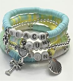 Custom Heishi Stack Summer Beach Charm Bracelets Womens - Etsy Cheap Heishi Beads Bracelets For Beach, Cheap Beach Charm Bracelet With Round Beads, Cheap Multicolor Beachy Bracelets, Cheap Round Beads Charm Bracelet For Beach, Affordable White Charm Bracelet For Beach, Fun Vacation Jewelry With Letter Beads, Fun Letter Beads Jewelry For Vacation, Fun Adjustable Turquoise Jewelry, Fun Beach Jewelry With Letter Beads