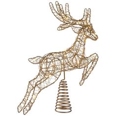 a metal deer with lights on it's antlers is standing next to a spiral object