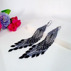 Blue-Purple,black and silver awesome color combination.Long tassel earrings. Beaded earrings. native American style .Fringe earrings .Seed Bead Earrings .Boho earrings . Materials;Sterling silver plated ear wire.Weight of one earring 5.7 gr. High quality japanese beads 3 shades. This bead does not lose its color and does not darken. Earrings length 5 inches (14cm) Black Fringe Dangle Chandelier Earrings, Elegant Black Beaded Fringe Chandelier Earrings, Black Party Chandelier Earrings With Dangling Beads, Elegant Black Fringe Chandelier Earrings, Black Beaded Fringe Dangle Tassel Earrings, Black Beaded Fringe Tassel Dangle Earrings, Black Beaded Fringe Tassel Drop Earrings, Black Beaded Fringe Tassel Earrings For Party, Black Beaded Fringe Earrings For Party