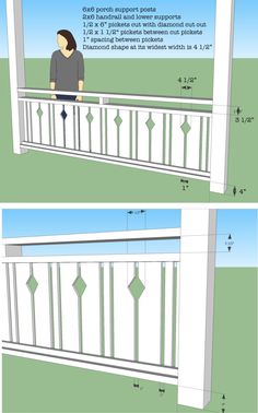 two views of a person standing on a balcony with the measurements for each section and how to measure them