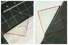 two pictures showing how to make an origami triangle out of paper and glue