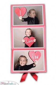 two pictures with hearts and the words love you written on them are shown in three different frames