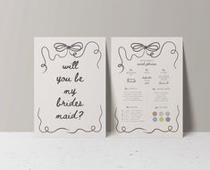 two wedding cards with the words will you be my bridesmaid? on them