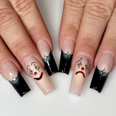 Nails by @tussytalons on insta { clown nails | nail art | nail inspo | acrylic nails | nail design inspiration} Clown Nails Aesthetic, Pierced Acrylic Nails, Horror Nail Art Designs, Clown Inspired Nails, Clown Themed Nails, Black And White Clown Nails, Laugh Now Cry Later Nails, Scary Clown Nails, Art The Clown Nails