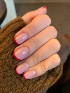 Squoval Nails French Tip Color, Squoval French Tip Nails Color, Red Glitter French Tip Nails Short, Red Tip Short Nails, Red French Tip Short Nails, Red Nail French, Red French Nails Square, Short Red French Nails, Short Nails French Tip Color