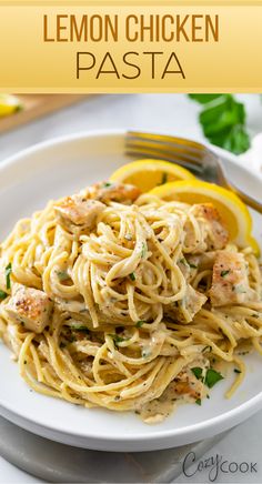 lemon chicken pasta made with spaghetti, chicken, and a creamy lemon sauce Creamy Lemon Sauce, Lemon Chicken Pasta, Creamy Lemon Chicken, Seared Chicken, Health Dinner, Lemon Sauce