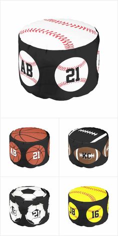 four different types of balls and numbers on top of each other