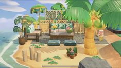 an animated beach scene with palm trees, couches and other items on the sand