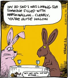 two rabbits are talking to each other in front of a sign that says, my ad said i was looking for someone filled with marmallow clearly you'reate hollow