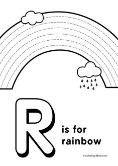 the letter r is for rainbow coloring page with an image of a rainbow and rain