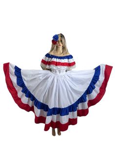 Make It Yours: This is our Puerto Rican Traditional Dress Wide, we have your size. Celebrate the wonderful Boricua Culture. Wear our dress and be part of a beautiful tradition. Includes: Blouse and Skirt What sizes are available?XS to XXL - Length: 36in Approx. Note: Check the Photo Gallery to access the Size Chart What Color is the dress?White, red, and blueWhat material is the dress made of?Poly CottonHow should I care for and clean the dress?Hand-Wash or Dry-CleanDo you offer free shipping?Fr Hispanic Heritage, Doll Ideas, I Care, Tri Color, Traditional Dresses, Dress White