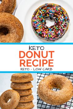 keto donut from I Can't Believe It's Low Carb dipped in chocolate with sprinkles on top on plate beside other donuts Cooking With Coconut Oil, Donuts Recipe, Dipped In Chocolate