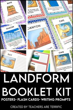 Landforms Booklet Kit- This kit is filled with ways to practice landforms. It includes posters, flashcards, writing, and templates to create a landform booklet! Covers, flash cards, writing prompts, notebook templates, and more! Great Landform resource Notebook Templates