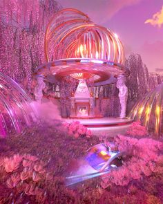 an artistic rendering of a futuristic garden with pink flowers and trees in the background at night