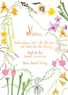 a floral menu with the words menu written in orange, pink and yellow flowers on a white background