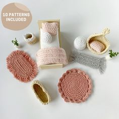 crochet patterns for baby shoes and booties are displayed on a white surface