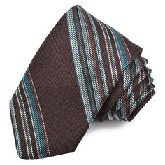 Mocha, Taupe, and Teal Mélange Multi Bar Stripe Woven Silk, Linen, and Cotton Tie by Dion Neckwear Dog Socks, Silk Linen, Brown Dog, Striped Tie, 3 Weeks, Mocha, 1 2 3, Color Combinations, Quality Fabric