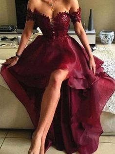 Sexy Off Shoulder High Low Organza Backless Maroon Lace Prom Dress, Hi – Shiny Party Lace Graduation Dress, Prom Dress High Low, High Low Dress Formal, High Low Prom Dress, Maroon Lace, Dress High Low, Dress Maroon, High Low Prom Dresses, Lace Prom Dress