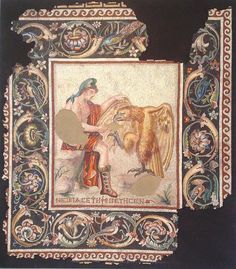 an ancient mosaic with a woman and a dog