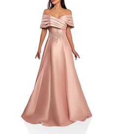 Terani Couture Pleated Off-the-Shoulder Waist Applique Ball Gown | Dillard's Off-shoulder Mother Of The Bride Dress For Gala, Off-shoulder Evening Dress With Pleated Bodice For Wedding, Elegant Off-shoulder Evening Dress With Short Sleeves, Off-shoulder Gown With Fitted Bodice For Gala, Elegant Off Shoulder Dress With Short Sleeves For Evening, Off-shoulder Gown With Pleated Bodice, Off The Shoulder Long Dress, Formal Wedding Guest Dress, Organza Skirt