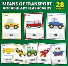 four cards with different vehicles on them and the words, means of transport vocabular flashcards