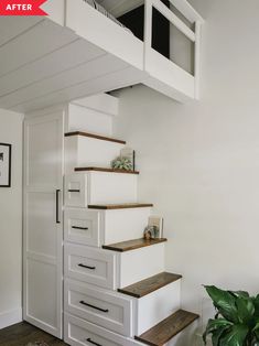 there is a white staircase with drawers on the bottom and an open door to the second floor