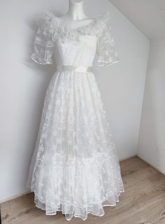 Small size like XS xxs EU. Condition greate, ribbon in waist, lace all iber the dress, frills. Decorative dress Bride White Gown, Conservative Dress, Conservative Dresses, Wedding Dress Lace, White Gown, Vintage Gowns, White Gowns, Dress Lace, Dress Clothes For Women