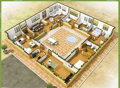 an aerial view of a living room and kitchen