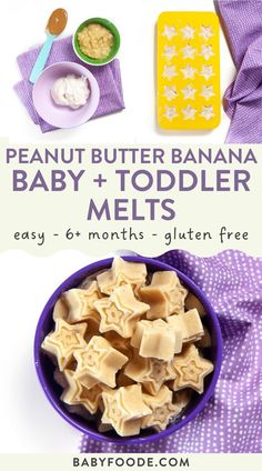 peanut butter banana baby and toddler melts in a purple bowl with spoons