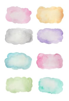 six watercolor stains in different colors on a white background, each with one cloud