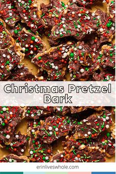 chocolate christmas pretzel bark with sprinkles and candy on the top