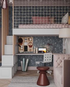 a room with a bunk bed, desk and chair next to a staircase leading up to the second floor