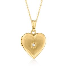 Ross-Simons - Diamond-Accented Heart Locket Necklace in 10kt Yellow Gold. 16". Canaria fine jewelry. Perfect for everyday wear, these genuine 10kt gold wardrobe essentials are fashionable, fun and designed to last a lifetime. Strong and durable, our collection of gold classics is always a great value. This 10kt yellow gold heart locket necklace holds your special memories close, with room for a 5/16" x 5/16" photo inside. Sparked with a single diamond accent and suspended from a cable chain. Sat Gold Heart Locket Necklace, Gold Wardrobe, Diamond Locket, Gold Heart Locket, Diamond Birthstone, Heart Locket Necklace, Gold Satin, Gold Piece, Heart Locket