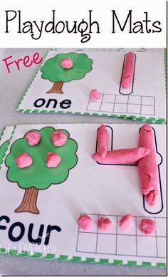 two playdough mats with pink doughnuts in the shape of trees on them