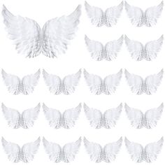 many white wings are arranged in rows on a white background, each with different shapes and sizes