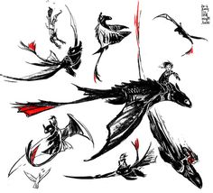 some black and white drawings with red accents on the bottom half of each drawing is an image of a man riding a dragon