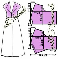 the front and back view of a dress pattern with measurements for each piece in it