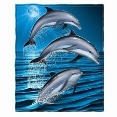 three dolphins are jumping out of the water in front of a full moon and blue sky