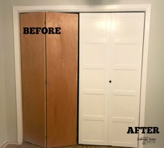 before and after pictures of an unfinished closet with doors open to reveal the same room