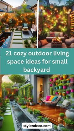 an outdoor living space with plants and lights